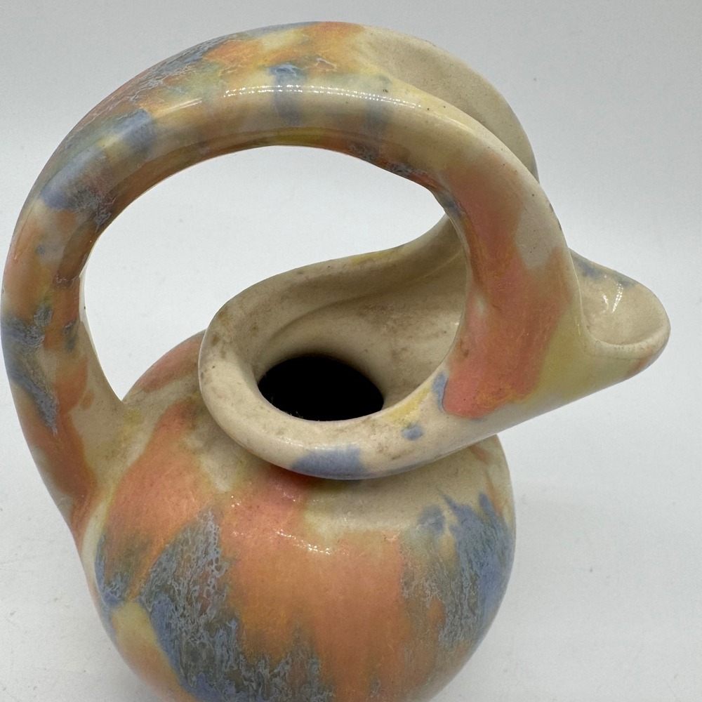 Vintage MCM Sculptural Loop Handle Ewer Vase Pastel Drip Glaze Pitcher Art Deco - Picture 6 of 10